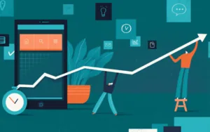 Ilustrace růstu: graf stoupající přes obrazovku mobilního telefonu